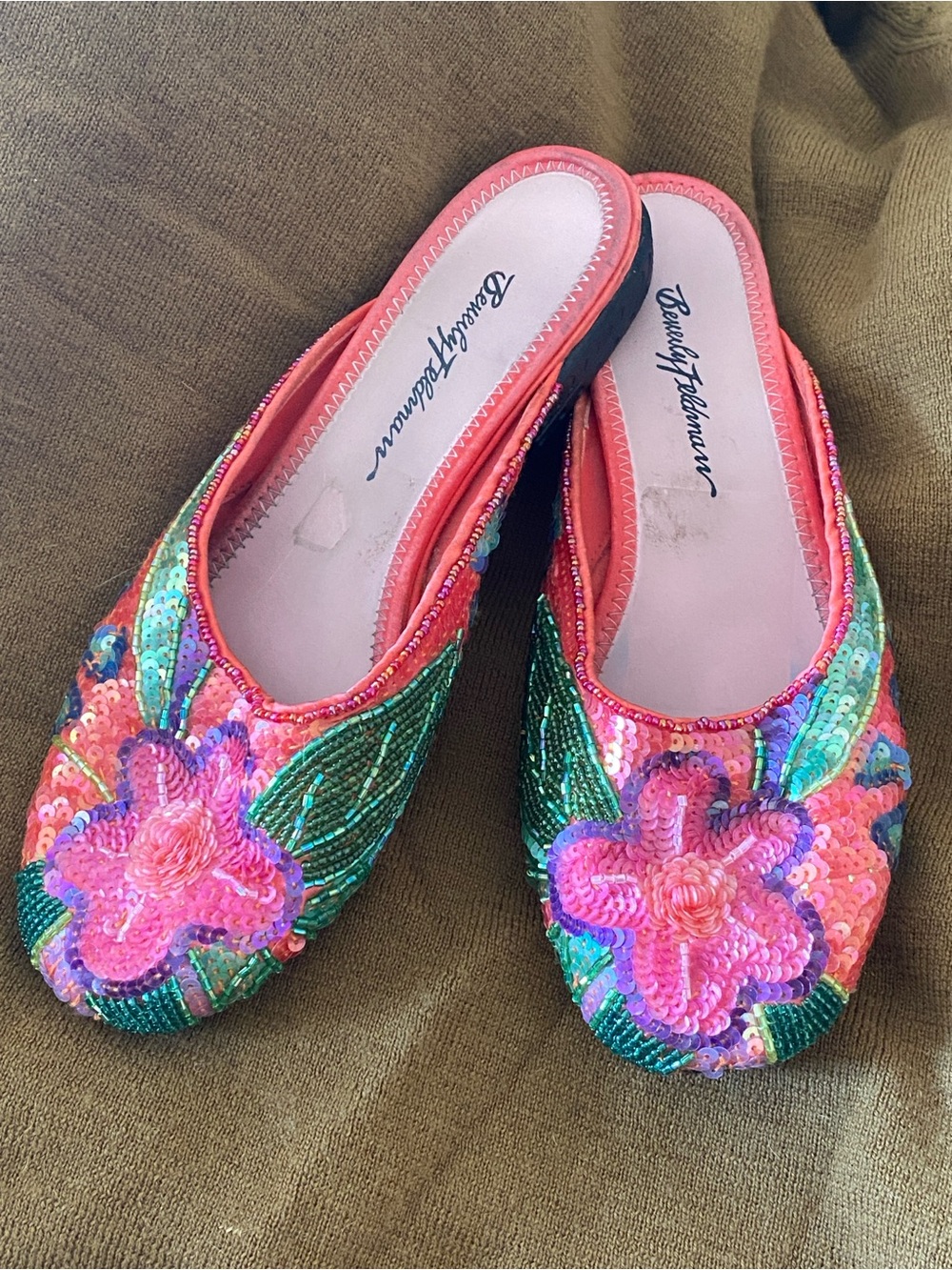 Beverly Feldman Pink & Green Sequin Floral Slip-On Flats